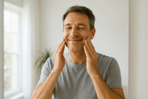 man rubbing his face